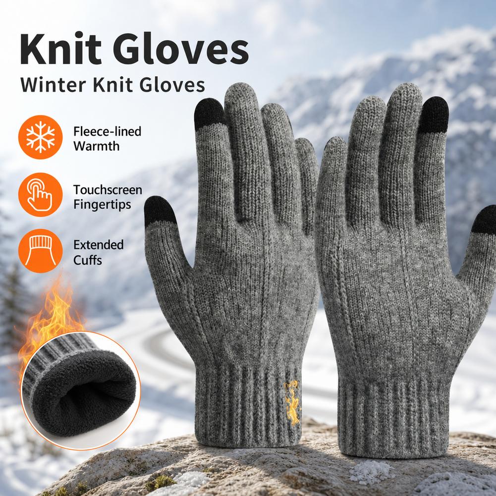 Wool Glove Lined - 2026年 メンズ用 保温ウールニット手袋 滑り止め加工 タッチスクリーン対応 裏起毛