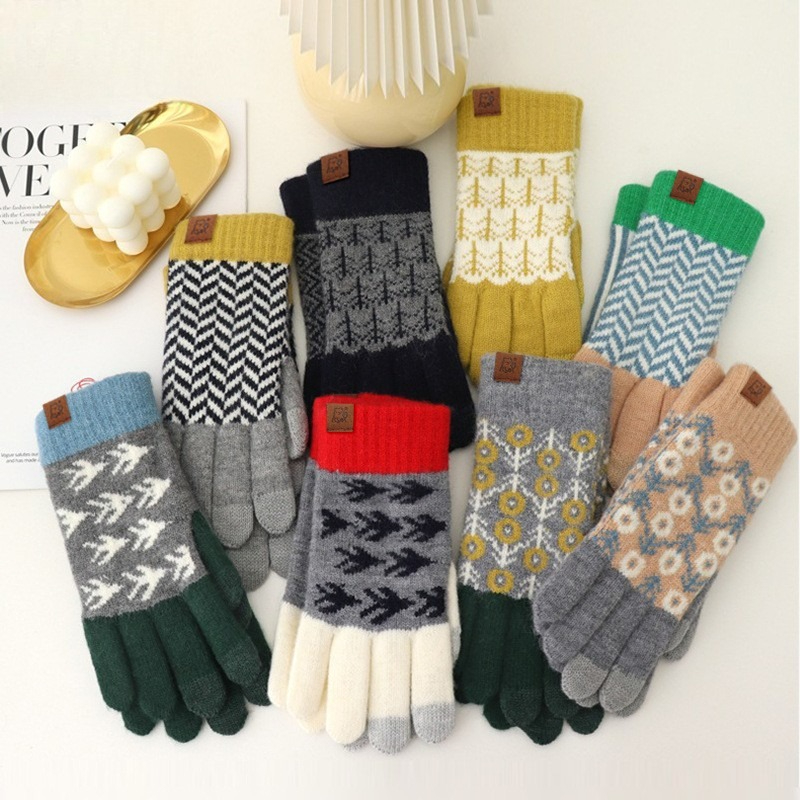 Wool Glove Lined - 秋冬用 ウール カラーブロック ニット手袋 レトロ ジャカード柄